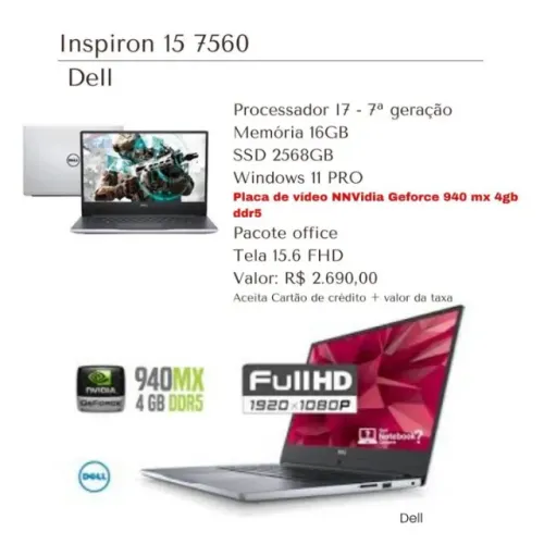 Notebook Dell Inspiron 7560 - I7 7ª - 16GB - SSD 256GB - Placa de vídeo 4GB - 11 PRO 