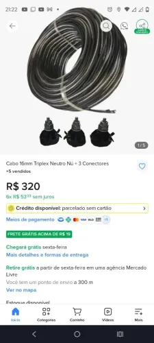 Fiu triplex 16 mm alumínio rolo de 50 metros neutro NU, mais 4 conectores