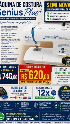 Máquina de costura semi nova em perfeitas condições de uso, apenas 2 meses de uso