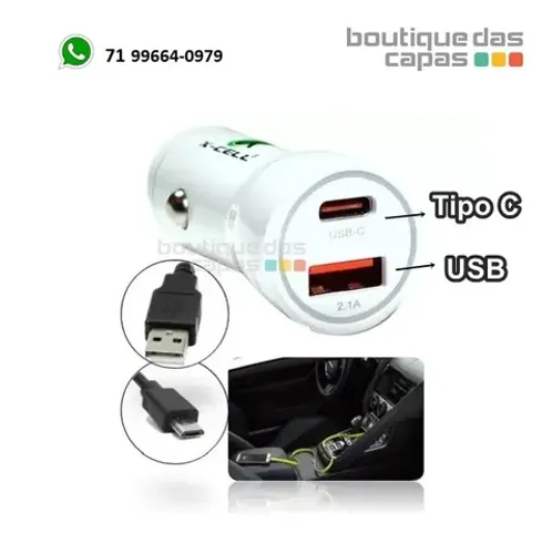 Adaptador carregador Veicular Turbo1 USB + 1 Tipo C XC-V13USB iphone samsung xiaomi