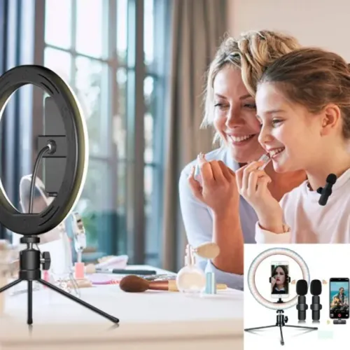 KIT RING LIGHT de Mesa 20CM c/Tripé + 2UN MICROFONE S/Fio Duplo Lapela