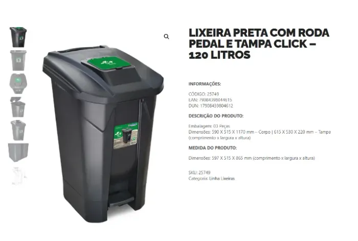 LIXEIRA PRETA COM RODA PEDAL E TAMPA CLICK - 120 LITROS 25749 ARQPLAST