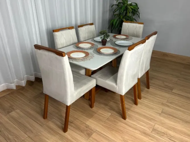 Mesa de Jantar Bali 1.60×0.80 Com 6 Cadeiras Isa Tampo Off White Madeira Maciça