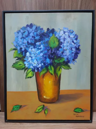 Quadro Hortênsias, Obra original em tinta a óleo por Sofia P. (12 anos)