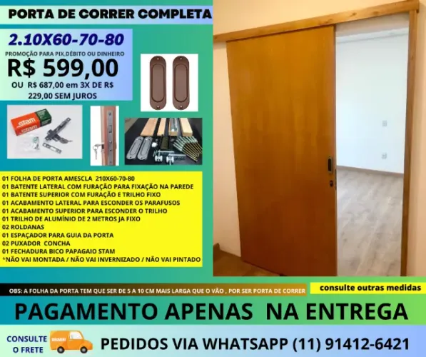 Porta de correr Madeira 210x80cm - suspensa - cod 855c