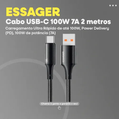 Cabo Essager USB-A para USB-C 100W 7A, 2 Metros -Entrega Grátis-