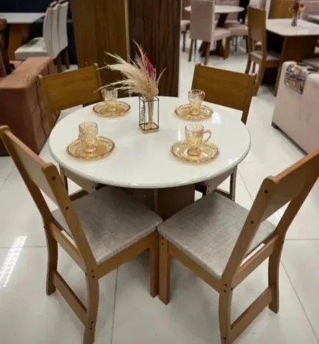 Mesa de Jantar Circular com 4 Cadeiras Linho- Entrega Rápida Faça seu Pedido