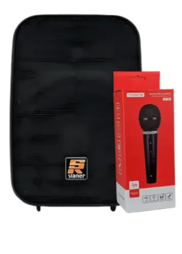 Kit Microfone Dinâmico Tomate Com Cabo Mt-1018 Preto + Caixa Ativa Sr-88a Staner 85W