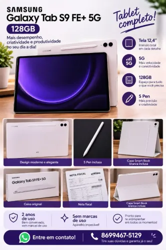 Samsung Galaxy Tab S9 FE+ 5G 128GB 12,4? com S Pen + Capa Smart Book Branca ? Impecável!<br>