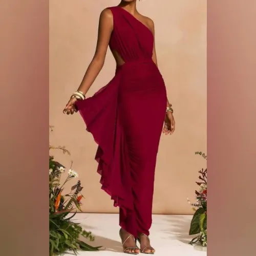Vestido de Festa Marsala Assimétrico Nula Manga Shein Tam. P