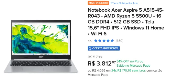 Notebook Acer Aspire 5 Ryzen 5 5500U 16GB RAM 512GB SSD Tela 15.6" FHD IPS (Semi-Novo)