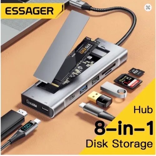 HUB ESSAGER 8 em 1 com função de armazenamento de SSD SATA e M.2 NVME
