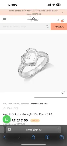 ANEL VIVARA LIFE LOVE CORAÇÃO EM PRATA 925