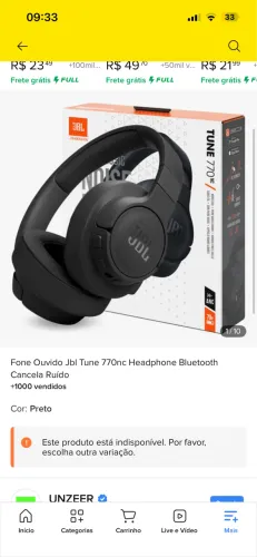 Fone de Ouvido JBL Tune 770NC Bluetooth com Cancelamento de Ruído - Preto