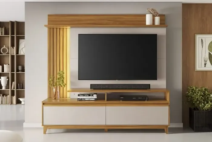 Estante para TV e Home Theater Ripado para TV até 60 Freijó/Off White
