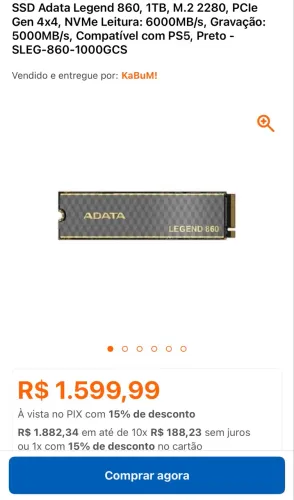 SSD M.2 Adata Legend 860 1TB - PCle Gen 4x4 - NVMe Leitura: 6000MB/s - Gravação: 5000MB/ S