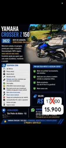 Yamaha Crosser Z 150 - 2022<br>Com acessórios.