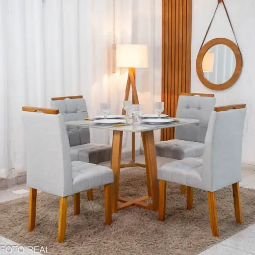 Mesa de Jantar Bali 90×90 Vidro Off/Base 4 Cad. Londres Linho Prata Madeira Minas Plac 