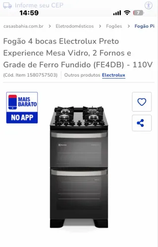 Fogão 4 bocas Electrolux Preto Experience Mesa Vidro, 2 Fornos