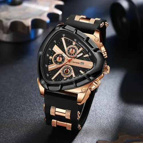 (NOVO) - Relógio Triangular Elegante de Pulso - Preto e Dourado - Pulseira de Silicone