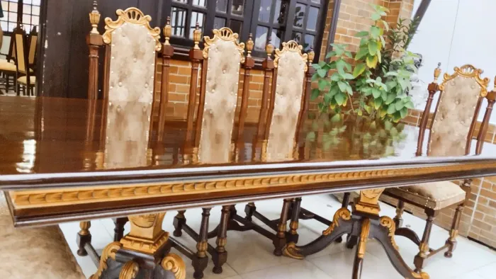 Sala jantar completa mesa 8 buffet entalhado madeira maciça com ouro velho tapeçaria nova 