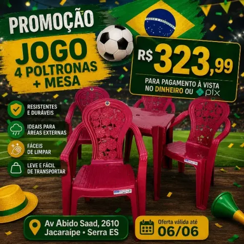 Conjunto 4 Poltronas Plástica + 1 Mesa Plástica