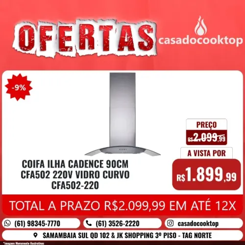 COIFA ILHA CADENCE 90CM CFA502 220V VIDRO CURVO