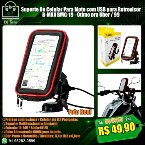 Suporte De Celular Para Moto com USB para Retrovisor B-MAX BMG-19 Pra Uber / 99