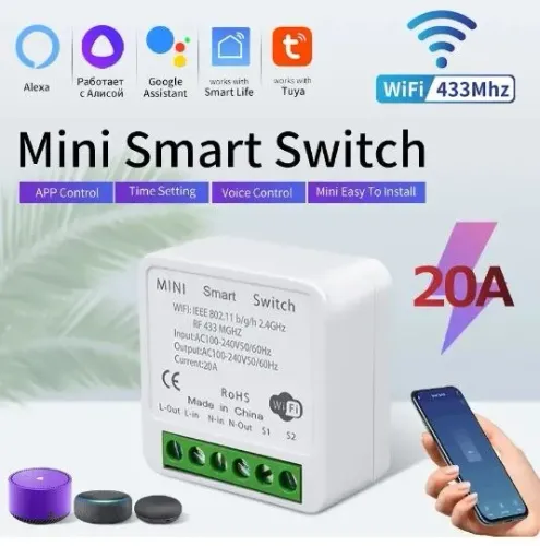 Interruptor Wifi 20a 433mhz Tuya Mini Casa Inteligente Alexa Automação Robótica COD-AM573