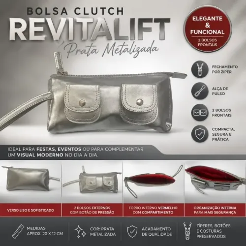 Bolsa clutch Revitalift prata metalizada c/ alça de pulso (elegante & funcional) 2 bolsos