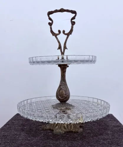 Fruteira/Bandeja Vintage 2 Andares - Bronze e Cristal