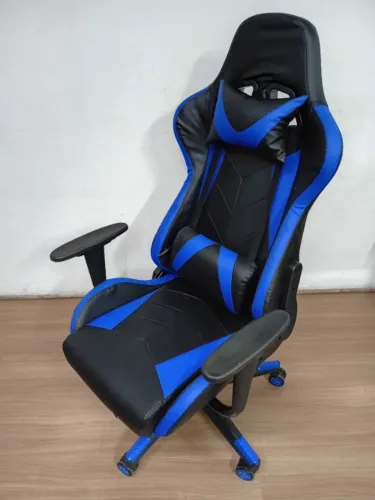 Cadeira Gamer em Couro PU Reclinável Preta e Azul