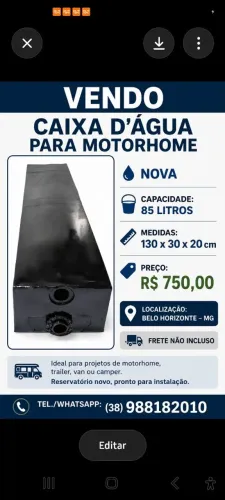 Caixa d'água para Motorhome