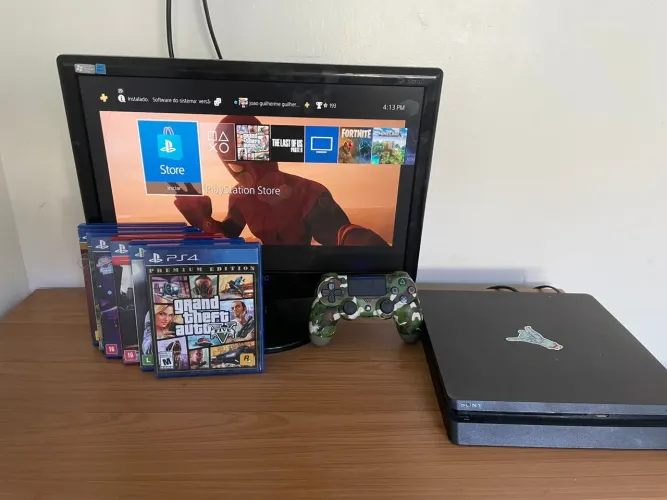 PS4+6 jogos(GTA 5 spider man!!)+controle e carregador+cabos