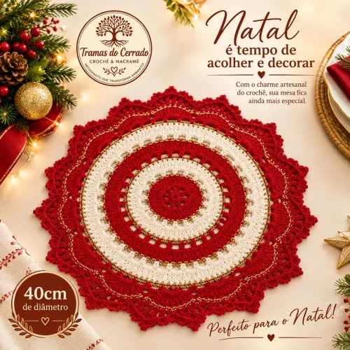 Sousplat de Natal em Crochê, sousplat vermelho, 40cm