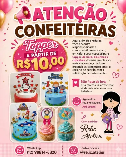 ATENÇÃO CONFEITEIRAS - TOPPERS de bolo, cupcake e docinhos