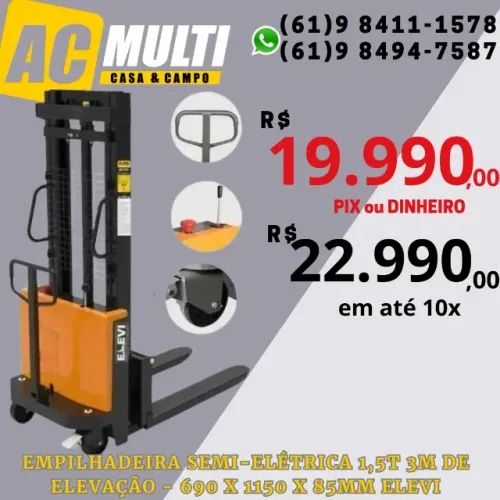 Empilhadeira Semi-Elétrica 1,5T 3m de Elevação - 690 x 1150 x 85mm ELEVI