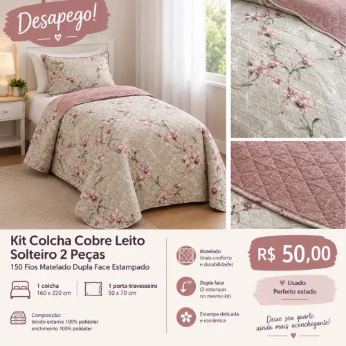 @Criar imagem Desapego! Kit Colcha Cobre Leito Solteiro 2 Peças 150 Fios Dupla Face