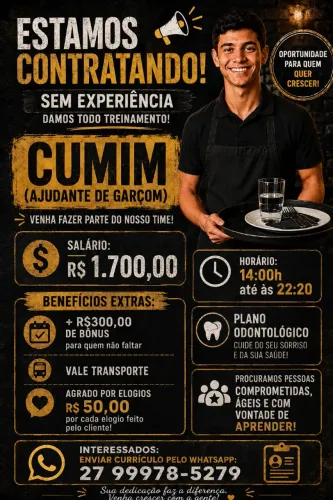 Estamos contratando JOVENS para trabalhar como CUMIM (ajudante de garçom) com ou sem