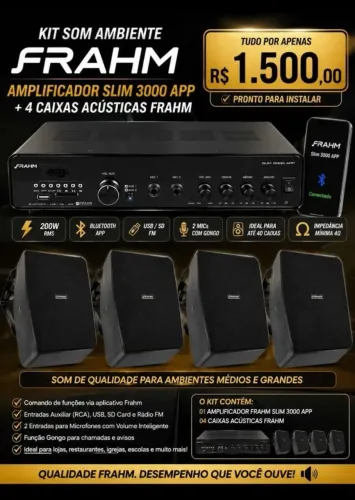 KIT SOM AMBIENTE - FRAHM, AMPLIFICADOR SLIM 3000 APP + 4 CAIXAS ACÚSTICAS - FRAHM