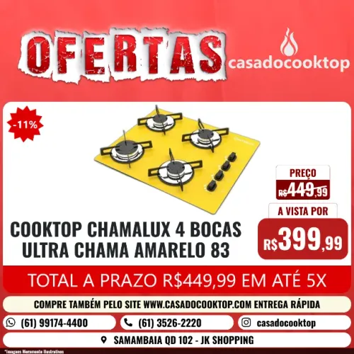 COOKTOP CHAMALUX 4 BOCAS ULTRA CHAMA AMARELO