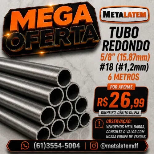 Tubo de Aço Redondo 5/8" (15.87mm) #18 (#1,2mm) 6 Metros