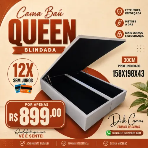 Cama Baú Queen com Pistão e Espaço Interno R$899