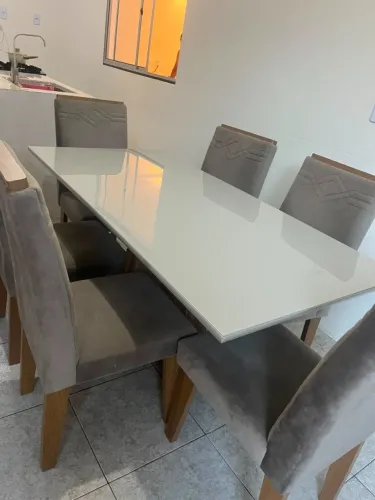 Mesa de Jantar 6 Lugares com Tampo de Vidro Branco - Excelente Estado