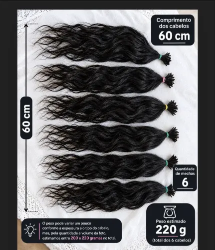 Cabelo Humano Indiano, Pontas cheias, 6 mechas, 60 cm e cerca de 220 g no total.