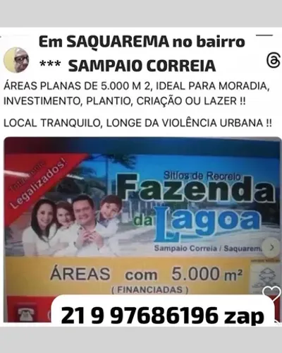 ÁREAS de 5.000 m2, em Saquarema / Sampaio Corrêa 