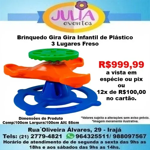 Brinquedo Gira Gira Infantil de Plástico 3 Lugares Freso