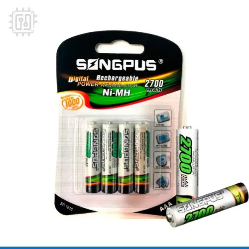 Pilha Palito Recarregável AAA 2700 mAh Cartela Com 4 Unidades