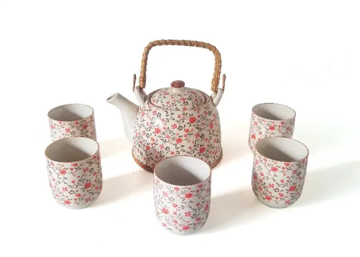 Chaleira Cerâmica Oriental Decorativa com 5 Copos e Infusor