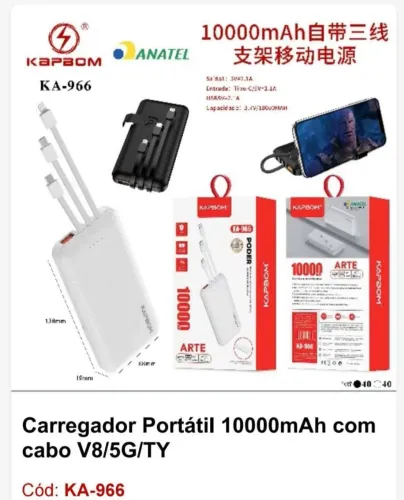 Carregador Portátil 10000mAh com cabos V8/5G/TY - KA-966
